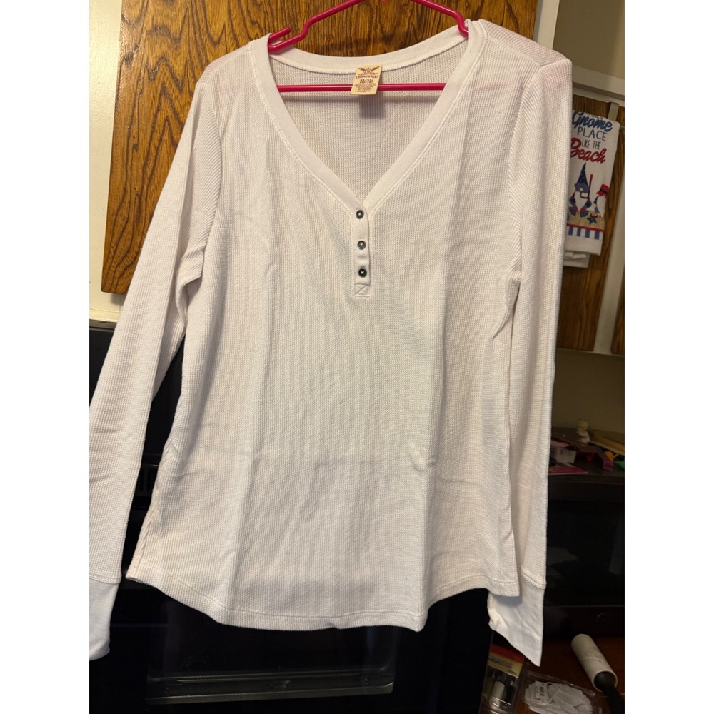 Faded Glory Womens‎ XL White Waffle Knit Thermal Henley Long Sleeve Top Shirt